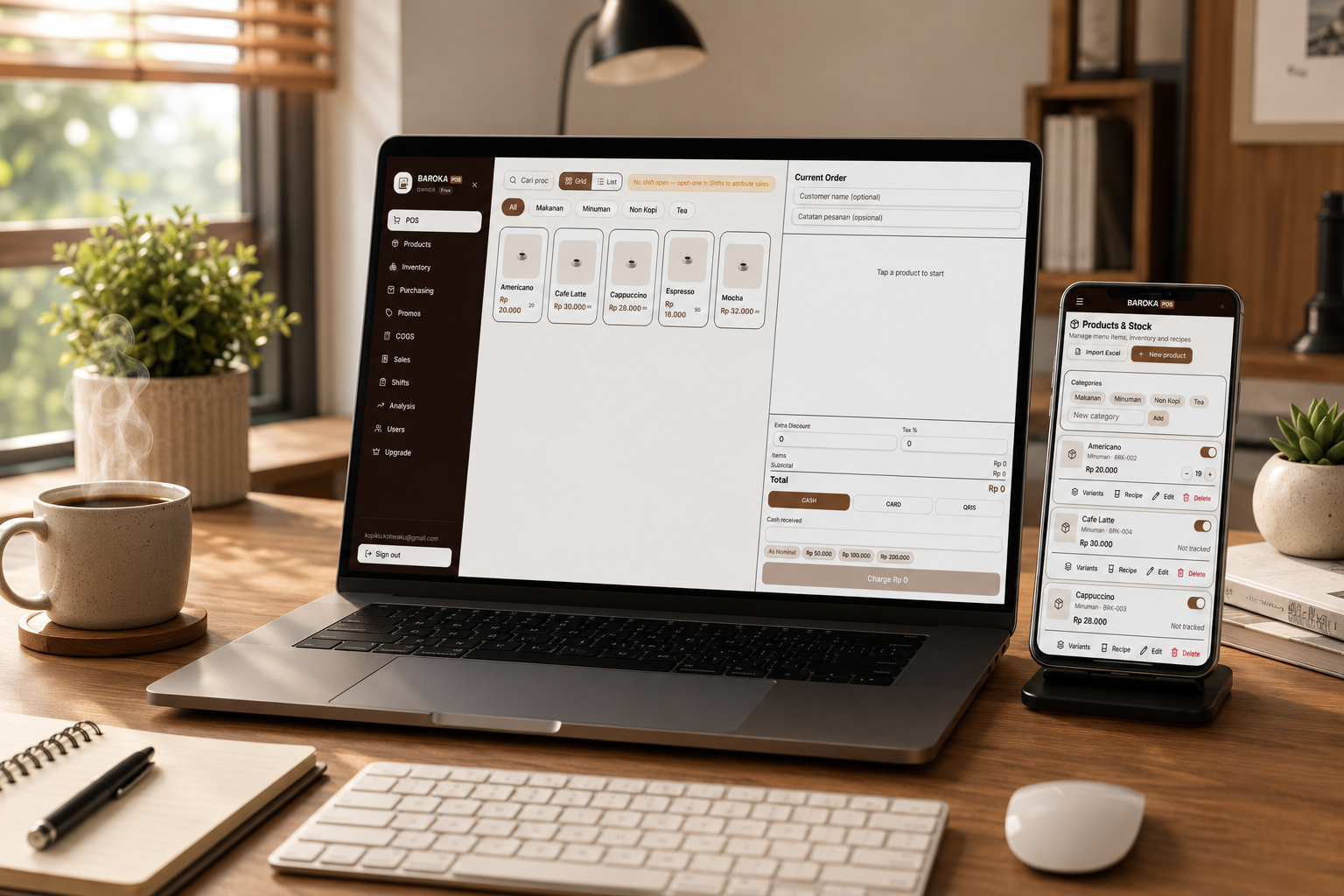 Tampilan Baroka POS di laptop dan smartphone